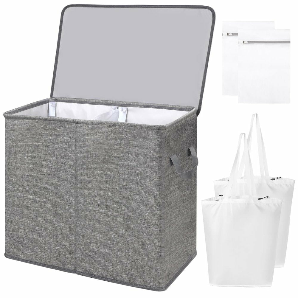 Storage & Organization |  Double Laundry Hamper With Lid And Removable Laundry Bags, Large Collapsible 2 Dividers Dirty Clothes Basket With Handles For Bedroom, Laundry Room, Closet, Bathroom, College, Dark Gray Home Decor & Cleaning 3 Section