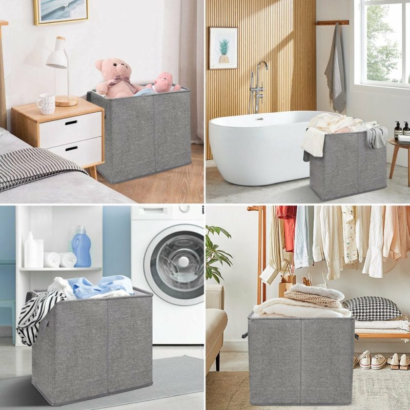 Storage & Organization |  Double Laundry Hamper With Lid And Removable Laundry Bags, Large Collapsible 2 Dividers Dirty Clothes Basket With Handles For Bedroom, Laundry Room, Closet, Bathroom, College, Dark Gray Home Decor & Cleaning 3 Section