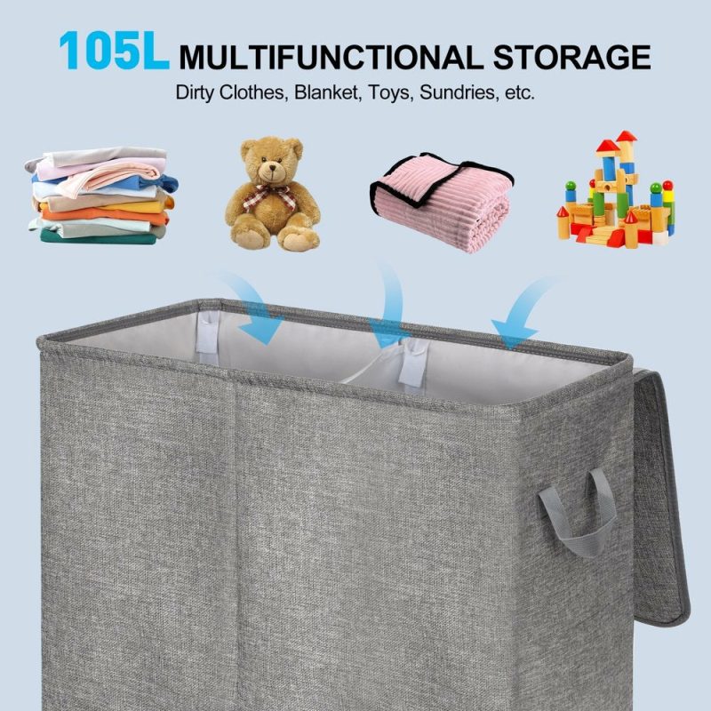 Storage & Organization |  Double Laundry Hamper With Lid And Removable Laundry Bags, Large Collapsible 2 Dividers Dirty Clothes Basket With Handles For Bedroom, Laundry Room, Closet, Bathroom, College, Dark Gray Home Decor & Cleaning 3 Section