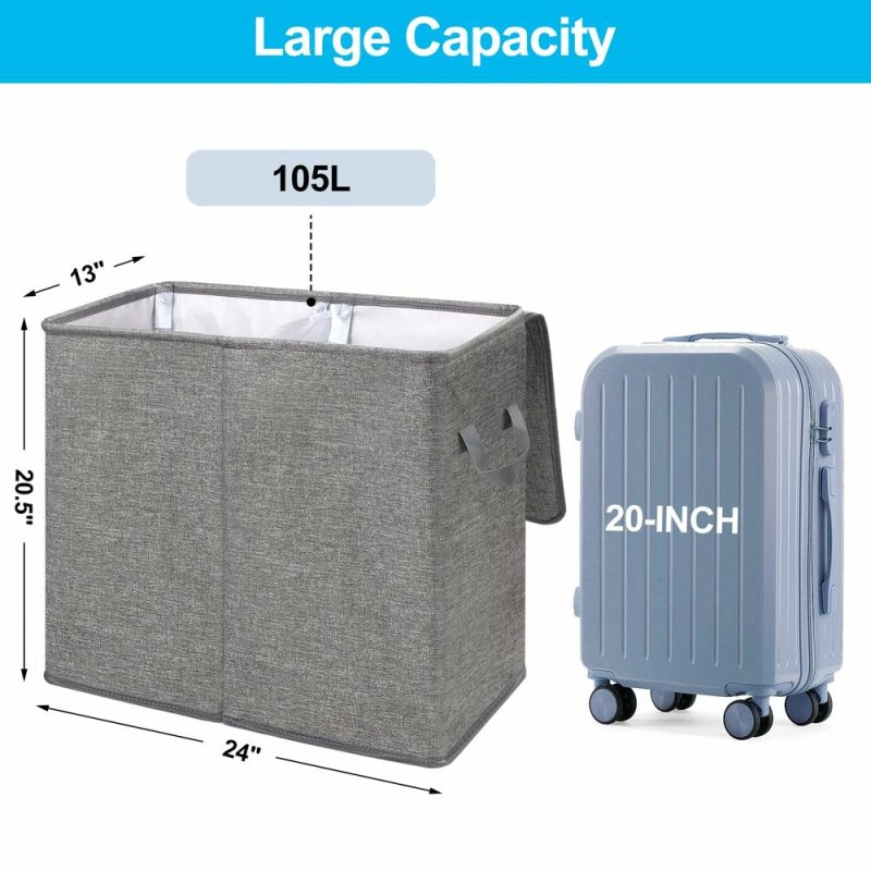 Storage & Organization |  Double Laundry Hamper With Lid And Removable Laundry Bags, Large Collapsible 2 Dividers Dirty Clothes Basket With Handles For Bedroom, Laundry Room, Closet, Bathroom, College, Dark Gray Home Decor & Cleaning 3 Section