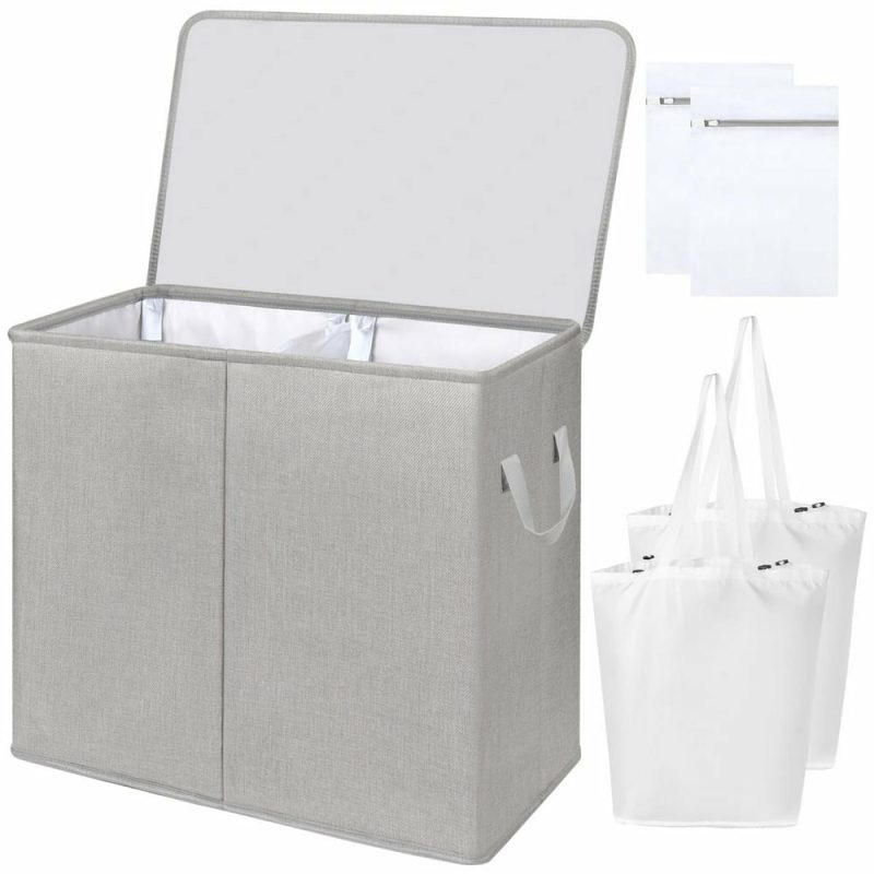 Storage & Organization |  Double Laundry Hamper With Lid And Removable Laundry Bags, Large Collapsible 2 Dividers Dirty Clothes Basket With Handles For Bedroom, Laundry Room, Closet, Bathroom, College, Dark Gray Home Decor & Cleaning 3 Section