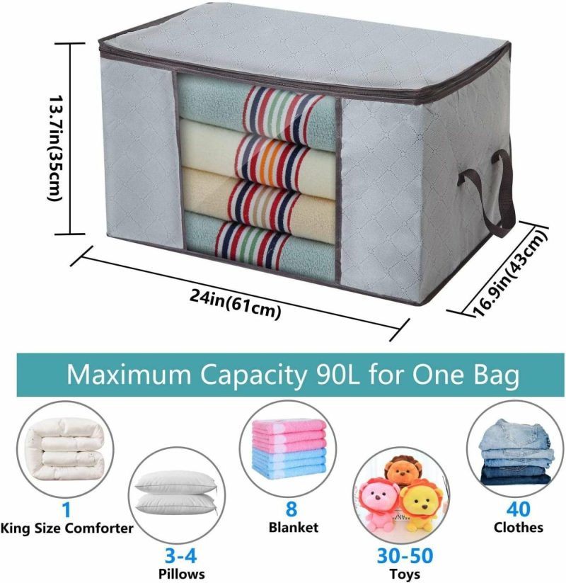 Storage & Organization |  Polarduck Clothes Storage Bag Closet Organizer: Foldable Large Capacity Storage Bin With Clear Window Sturdy Zipper Reinforced Handle For Comforter Bedding Blanket | 3-Pack 90L Grey Home Decor & Cleaning Polarduck