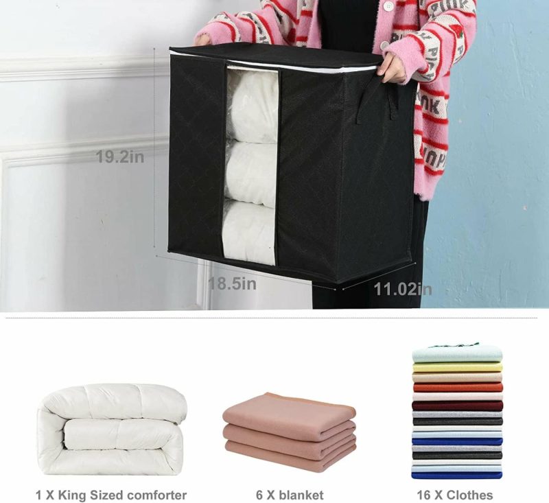 Storage & Organization |  Set Of 3 – Large Clothes Storage Bags Organizer, Clothes Storage Container Bins For Comforter Blanket Bedding Pillow Clothing Under Bed Storage With Large Capacity Thick Fabric Reinforced Handle Clear Window Home Decor & Cleaning black