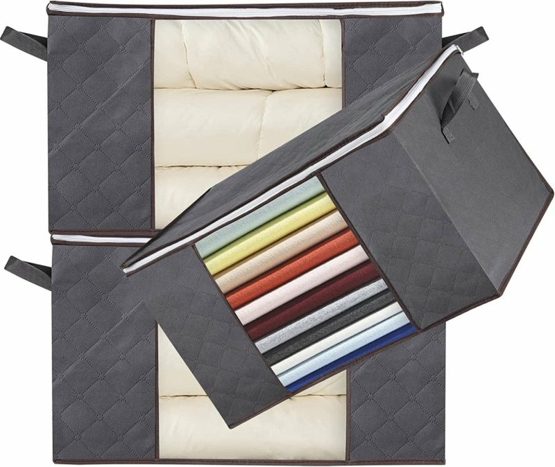 Storage & Organization |  Set Of 3 – Large Clothes Storage Bags Organizer, Clothes Storage Container Bins For Comforter Blanket Bedding Pillow Clothing Under Bed Storage With Large Capacity Thick Fabric Reinforced Handle Clear Window Home Decor & Cleaning black