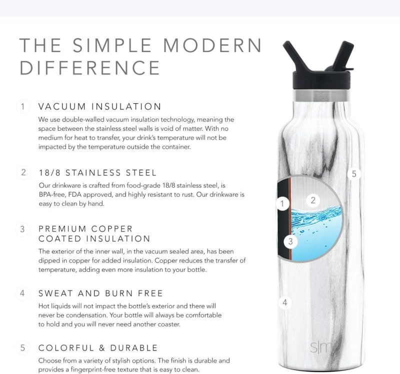 Storage & Organization |  Simple Modern 20Oz Ascent Water Bottle With Straw Lid – Stainless Steel Hydro Tumbler Flask – Double Wall Vacuum Insulated Small Reusable Metal Leakproof Pattern: Carrara Marble Home Decor & Cleaning Kitchen & Dining