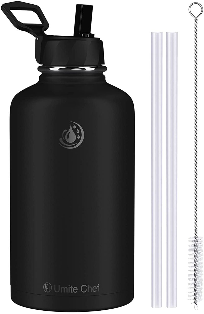 Storage & Organization |  Umite Chef Water Bottle, Vacuum Insulated Wide Mouth Stainless-Steel Sports 18-64Oz Water Bottle With New Wide Handle Straw Lid,Hot Cold, Double Walled Thermo Mug Home Decor & Cleaning black