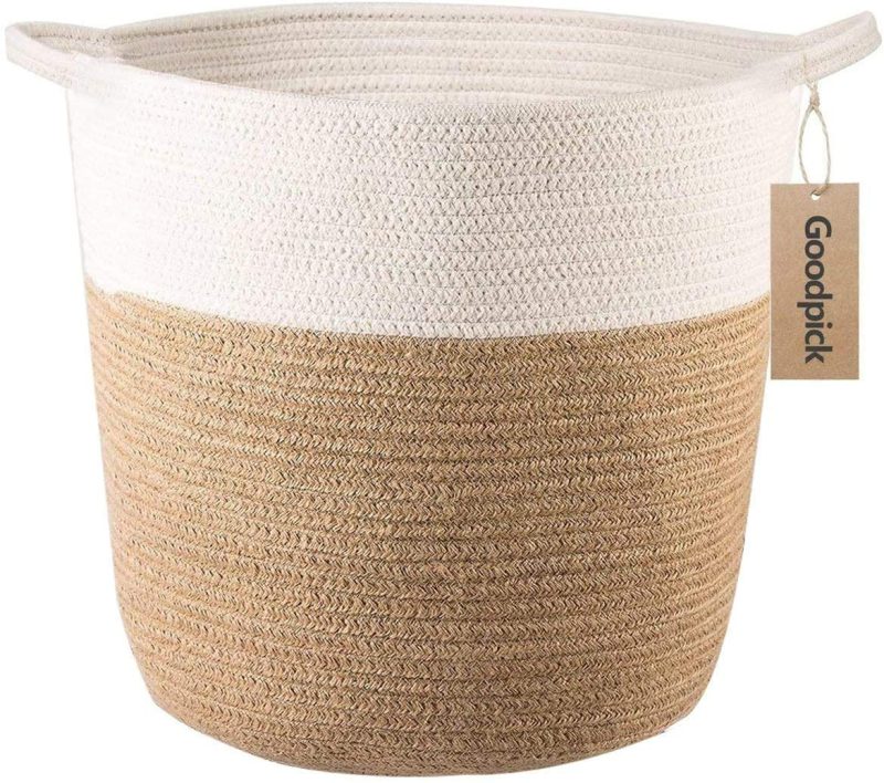 Storage & Organization |  Goodpick Cotton Rope Storage Basket- Jute Basket Woven Planter Basket Rope Laundry Basket With Handles For Toys, Blanket And Pot Plant Cover, 16.0" X15.0" X12.6" Home Decor & Cleaning Goodpick