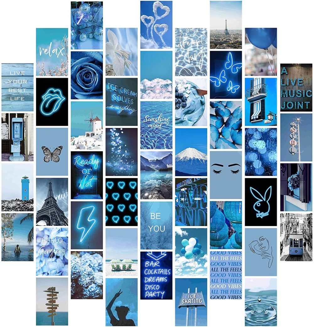 Wall Décor |  50 Pcs Blue Wall Collage Kit Aesthetic Pictures, Photo Wall Collage Kit, Collage Kit For Wall Aesthetic, Vsco Room Decor For Bedroom Aesthetic Teens Girls, Aesthetic Posters, Collage Kit 4X6 Inch Home Decor & Cleaning Blue