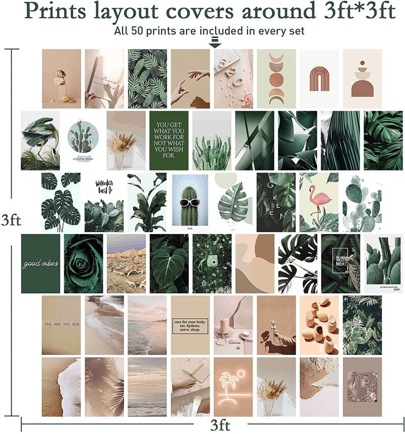 Wall Décor |  50Pcs Boho Wall Collage Kit Aesthetic Pictures, Room Decor For Bedroom Aesthetic Teens Girls, Boho Pictures Wall Decor, Cute Plants Photo Wall Collage Kit, Aesthetic Posters, Dorm Wall Art 4X6 Inch Home Decor & Cleaning Green