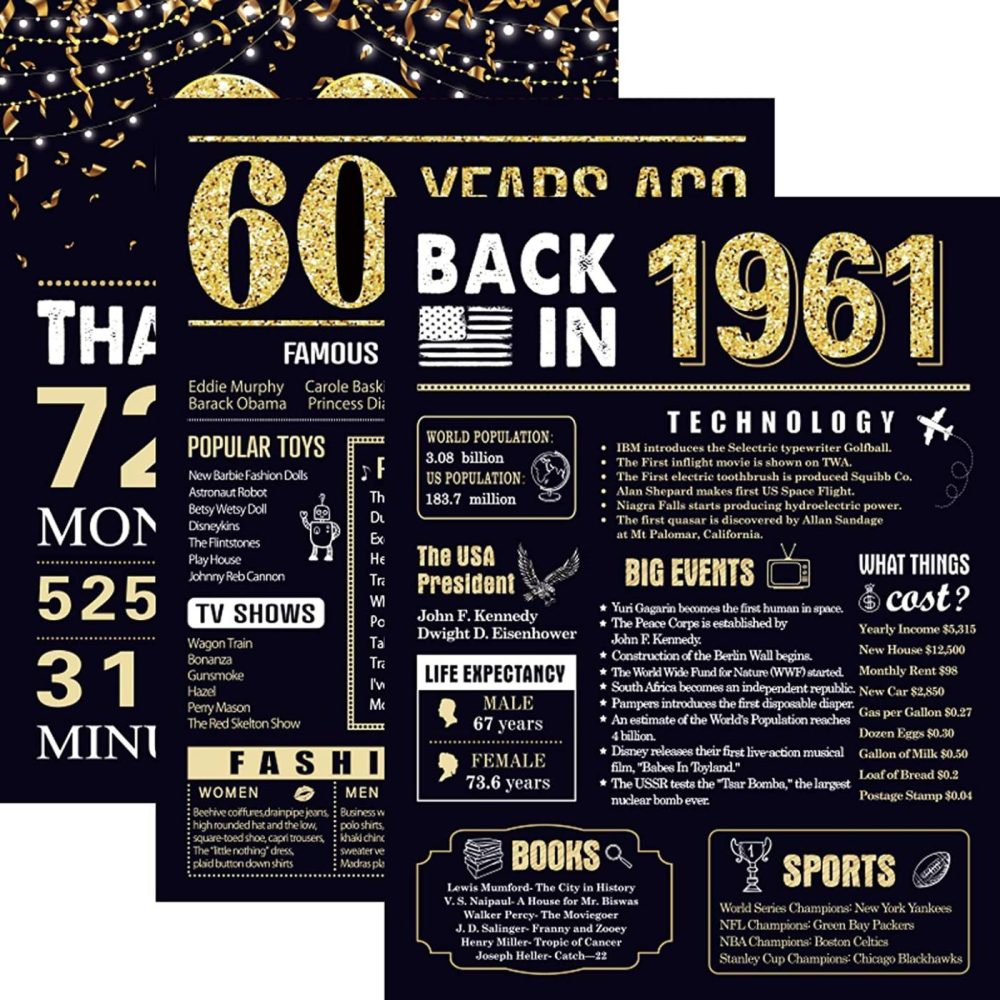 Wall Décor |  60 Years Ago 60Th Birthday Wedding Anniversary Poster 3 Pieces 11 X 14 60S Party Decorations Supplies Large Sign Home Decor For Men And (Back In 1961-60 Years) Home Decor & Cleaning Back in 1961-60 Years