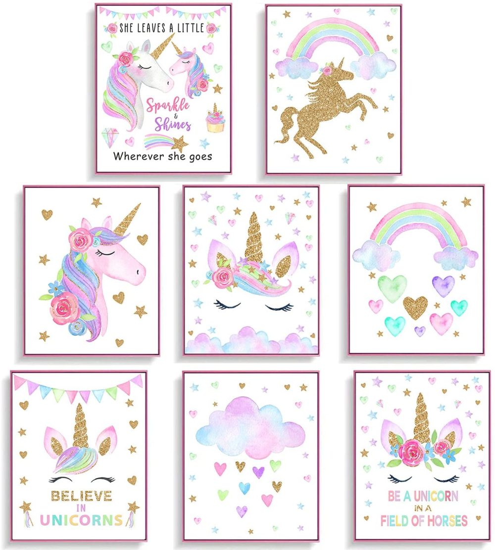 Wall Décor |  8Pcs Girls Rainbow Unicorn Bedroom Decor, Unicorn Inspirational Wall Art Kids Room Posters, 8X10" Unframed Unicorn Wall Art Nursery Decor Girl’s Gift Home Decor & Cleaning Popfavors