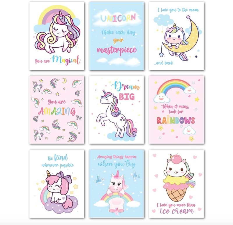 Wall Décor |  Avamie 9 Pieces Unicorn Inspirational Wall Art Prints, 8X10 Inch Unicorn Rainbow Inspirational Quotes And Motivational Wall Art Prints Posters For Kids, Teens, Girls, Unframed, For Kids Bedroom Nursery Room Playroom School Classrooms Home Decor & Cleaning Avamie