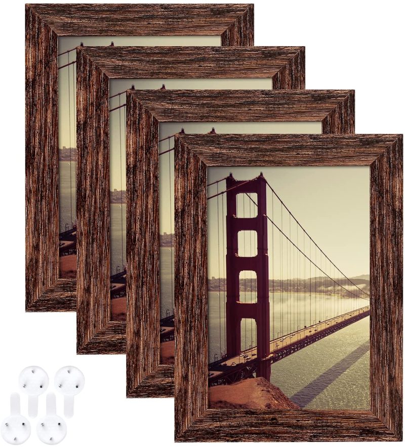 Wall Décor |  Baijiali 4X6 Picture Frame Rustic Brown Wood Pattern Set Of 4 With Tempered Glass,Display Pictures 3.5X5 With Mat Or 4X6 Without Mat, Horizontal And Vertical Formats For Wall And Table Mounting Home Décor BAIJIALI