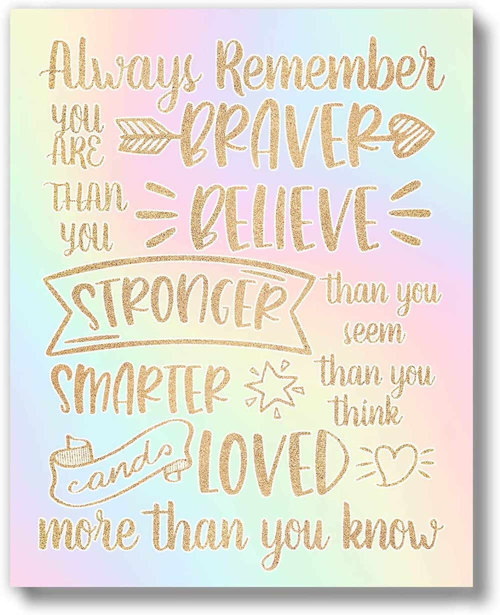 Wall Décor |  Brooke & Vine Girl Room Wall Decor Art Prints – (Unframed 8 X 10) Inspirational Wall Art, Motivational Quotes Posters For Kids, Tween Bedroom, (Braver Than You Believe – Gold And Rainbow) Home Decor & Cleaning Braver Than You Believe - Gold & Rainbow