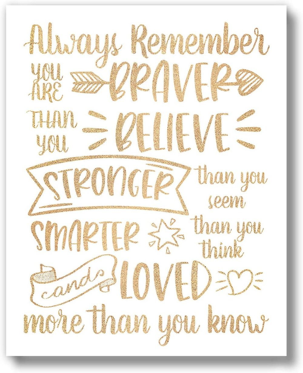 Wall Décor |  Brooke & Vine Girl Room Wall Decor Art Prints – (Unframed 8 X 10) Inspirational Wall Art, Motivational Quotes Posters For Kids, Tween Bedroom (Braver Than You Believe – Gold And White) Home Decor & Cleaning Braver Than You Believe - Gold & White