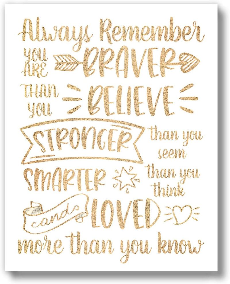 Wall Décor |  Brooke & Vine Girl Room Wall Decor Art Prints – (Unframed 8 X 10) Inspirational Wall Art, Motivational Quotes Posters For Kids, Tween Bedroom (Braver Than You Believe – Gold And White) Home Decor & Cleaning Braver Than You Believe - Gold & White