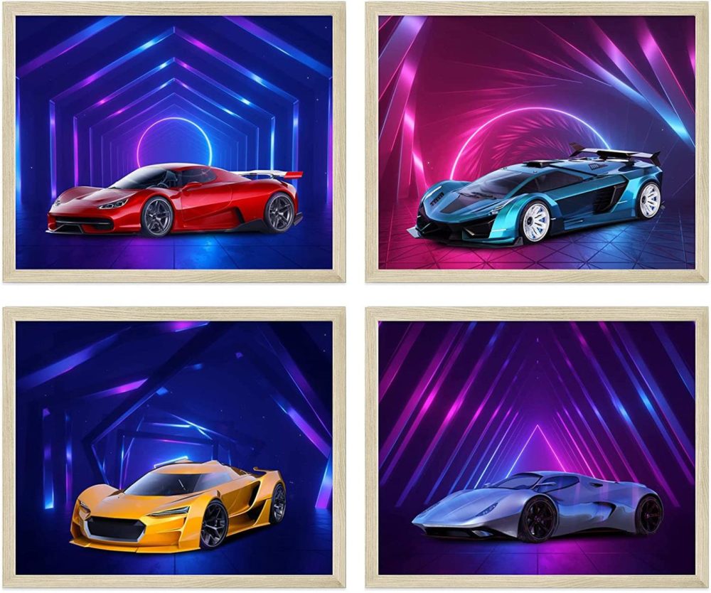 Wall Décor |  Cyber Car Poster, Car Prints For Boys Room – Set Of 4 (8X10In) Cars Bedroom Decor For Boys Wall Art – Boy Bedroom Decor, Teen Boys Room Decor, Boys Room Wall Decor – Unframed Car Decor Men Home Decor & Cleaning Futuristic