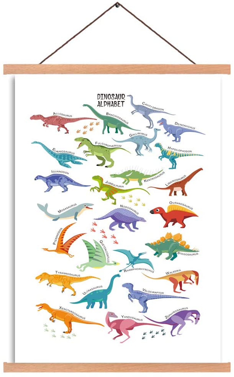 Wall Décor |  Dinosaur Poster Cartoon Art Print Magnetic Natural Wood Hanger Frame Poster, Canvas Animal Dinosaur Alphabet Painting 35X56Cm Wall Hanging Art Print For Kids Room Classroom Nursery Decor Home Decor & Cleaning CHDITB