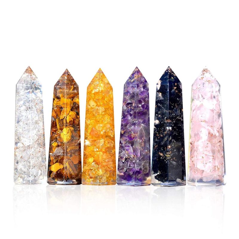 Wall Décor |  Healing Crystal Wand Set Of 6 Orgonite – Includes 3" Amethyst Crystal, Tigers Eye, Rose Quartz, Black Tourmaline Stone, Citrine And Clear Quartz Orgone Crystal Plus Black Tourmaline Necklace Home Decor & Cleaning Ever Vibes