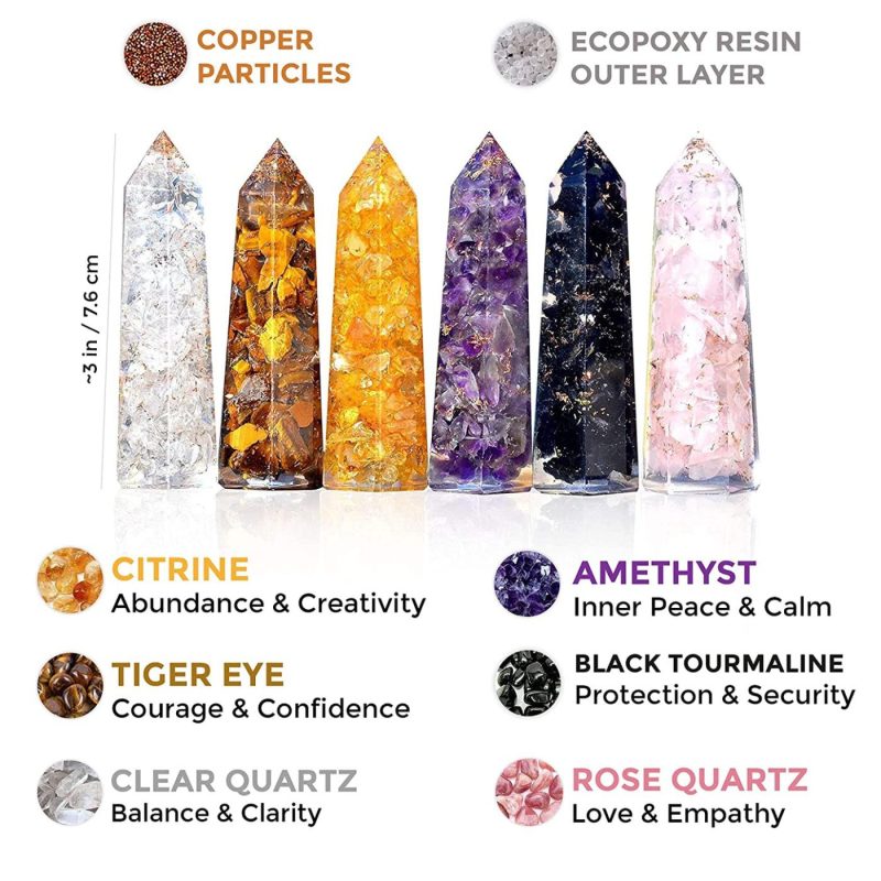 Wall Décor |  Healing Crystal Wand Set Of 6 Orgonite – Includes 3" Amethyst Crystal, Tigers Eye, Rose Quartz, Black Tourmaline Stone, Citrine And Clear Quartz Orgone Crystal Plus Black Tourmaline Necklace Home Decor & Cleaning Ever Vibes