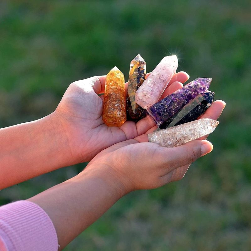 Wall Décor |  Healing Crystal Wand Set Of 6 Orgonite – Includes 3" Amethyst Crystal, Tigers Eye, Rose Quartz, Black Tourmaline Stone, Citrine And Clear Quartz Orgone Crystal Plus Black Tourmaline Necklace Home Decor & Cleaning Ever Vibes