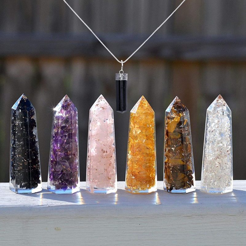 Wall Décor |  Healing Crystal Wand Set Of 6 Orgonite – Includes 3" Amethyst Crystal, Tigers Eye, Rose Quartz, Black Tourmaline Stone, Citrine And Clear Quartz Orgone Crystal Plus Black Tourmaline Necklace Home Decor & Cleaning Ever Vibes