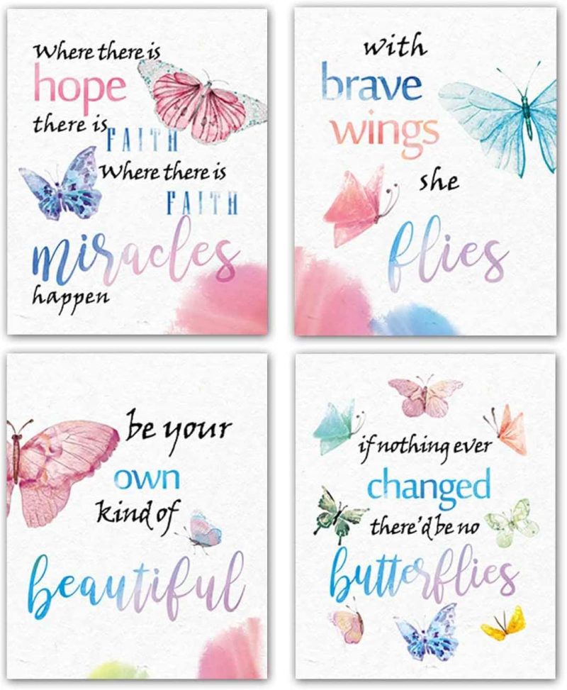 Wall Décor |  Modern Art Watercolor Butterfly Inspirational Quote Wall Poster Prints Set Of 4 (8"X10"Canvas Picture) Kids Kindergarten Classroom Office Children Girls Room Decor Home Decor Unframed Education & Crafts Education & Crafts