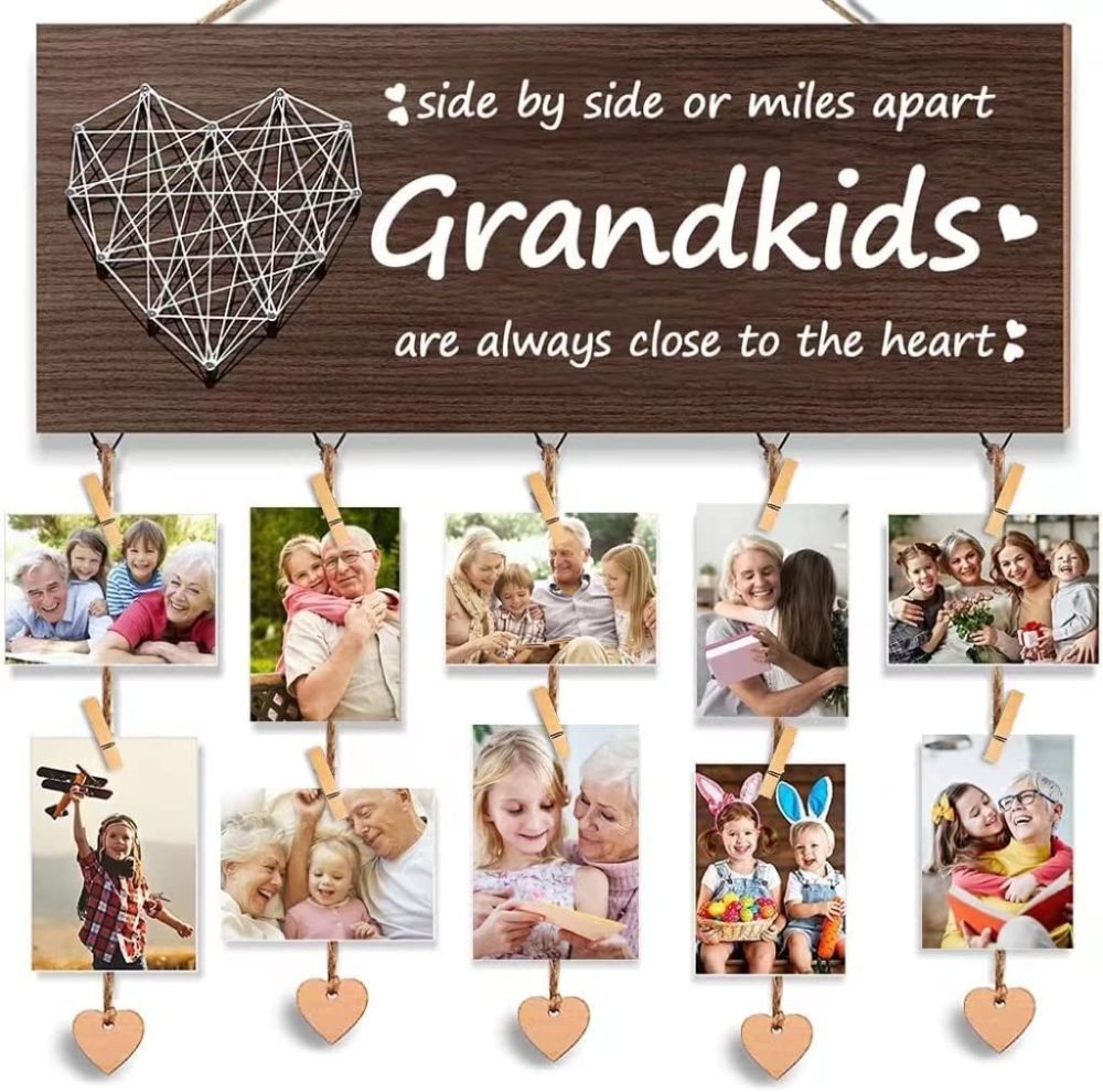 Wall Décor |  Mothers Day Gifts For Grandma From Grandkids, Grandma Gifts Picture Frame With 10 Clips & 6 Ropes, Perfect Wooden Picture Board Birthday Gifts For Grandma Mom (Grandkids Photo Holder) Home Décor grandma