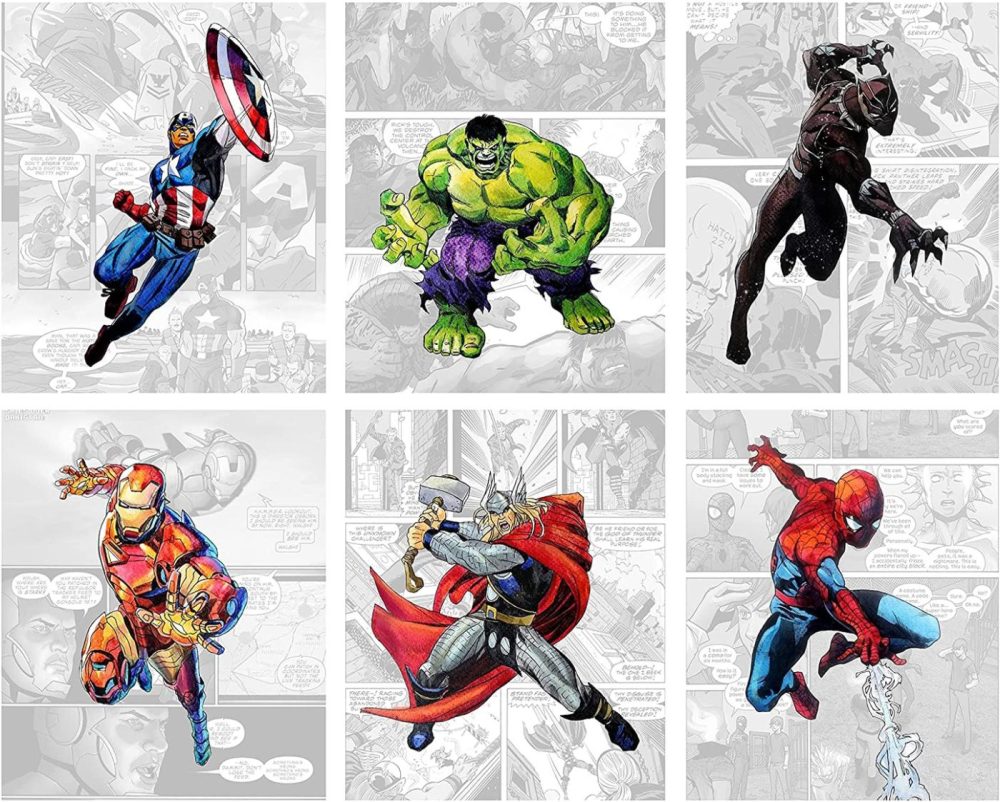 Wall Décor |  Superhero Wall Decor – Avenger Wall Art – Unframed Set Of 6 Prints, 8X10 Inch, Spiderman Hulk Captain America Thor Iron Man Black Panther Avengers Superheroes Room Decor For Boys Posters With Vintage Comic Background Home Decor & Cleaning TinyMollo