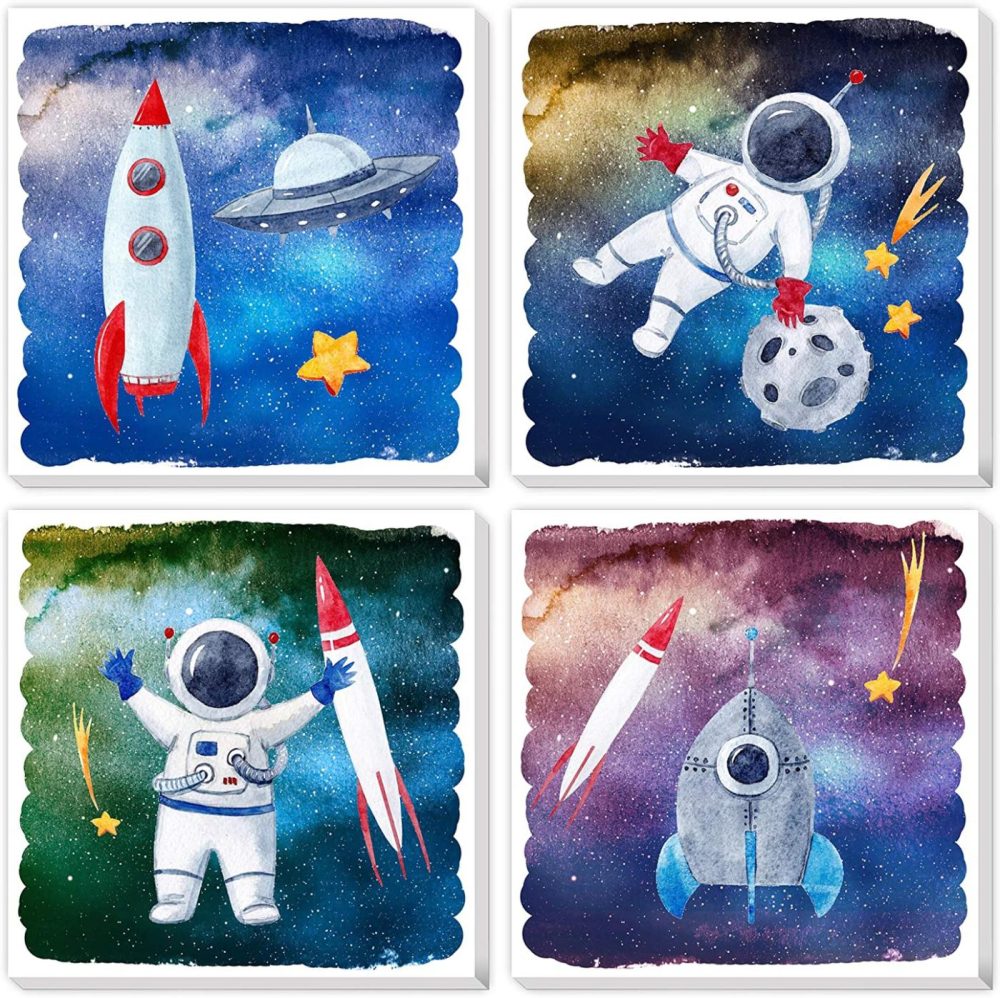 Wall Décor |  Texture Of Dreams Cartoon Astronaut Rocket Stars Ufo In Outer Space Travel Canvas Wall Art, Boy Room Science Theme Nursery Wall Decor Poster Kid Bedroom Playroom Dorm Classroom 4 Pack (10" X 10") Home Decor & Cleaning Texture of Dreams