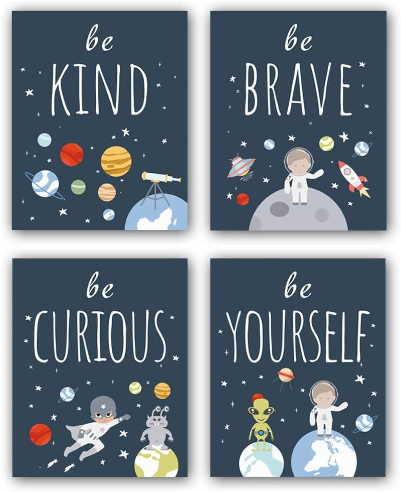 Wall Décor |  Unframed Inspirational Art Print, Outer Space Planet Wall Art Painting ,Set Of 4（8" X10" ）Be Kind Be Brave Be Curious Be Yourself Quote Canvas Posters For Boys Bedroom Nursery Decor Home Decor & Cleaning CHDITB