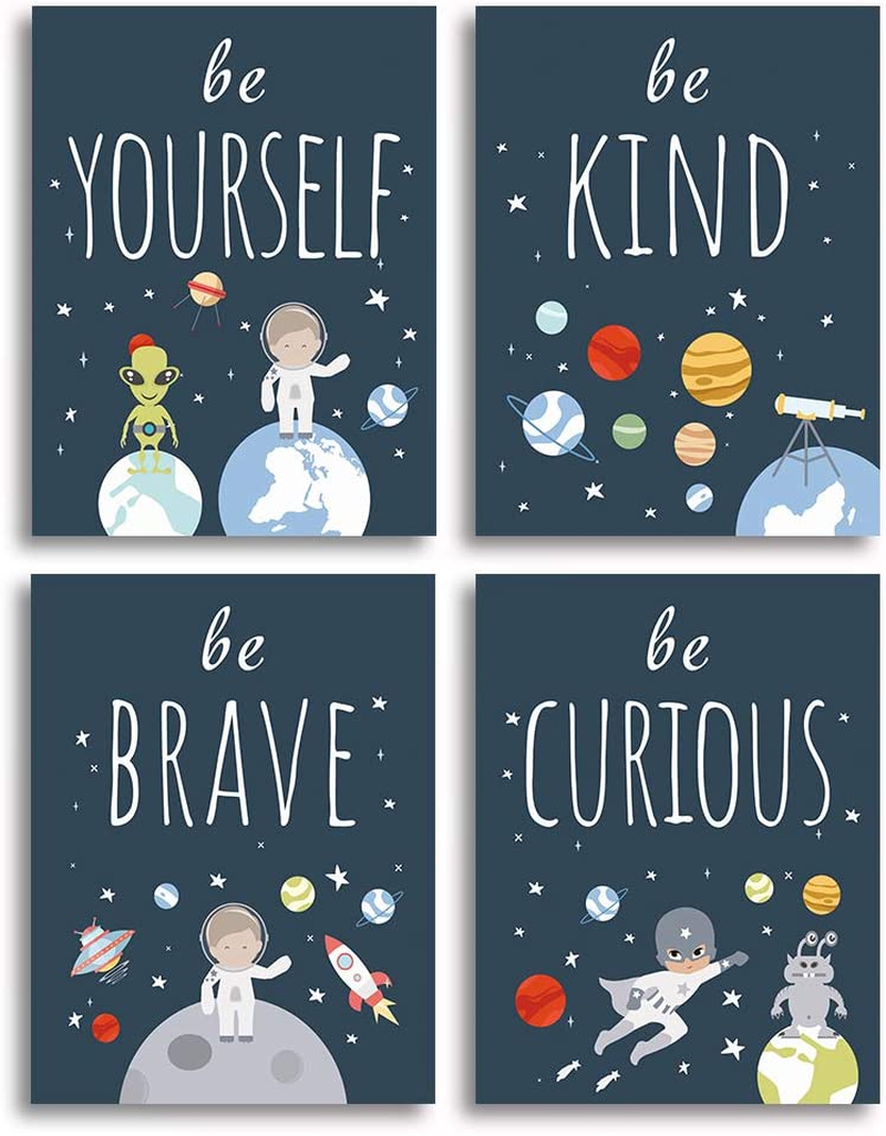 Wall Décor |  Unframed Inspirational Art Print, Outer Space Planet Wall Art Painting,Set Of 4（12" X16" ） Be Kind Be Brave Be Curious Be Yourself Quote Canvas Posters For Boys Bedroom Nursery Decor Home Decor & Cleaning CHDITB