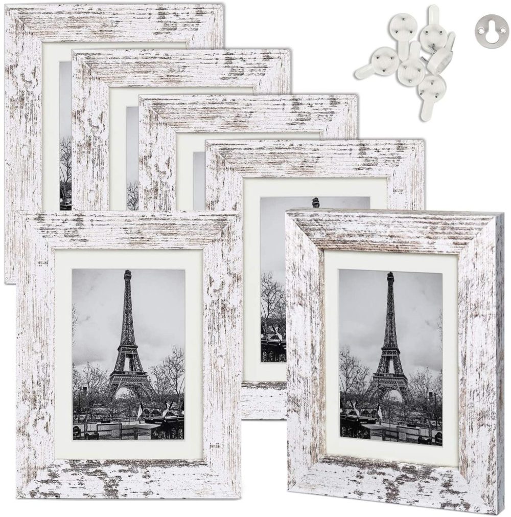 Wall Décor |  Upsimples 4X6 Picture Frame Distressed White With Real Glass,Display Pictures 3.5X5 With Mat Or 4X6 Without Mat,Multi Photo Frames Collage For Wall Or Tabletop Display,Set Of 6 Home Décor Distressed White