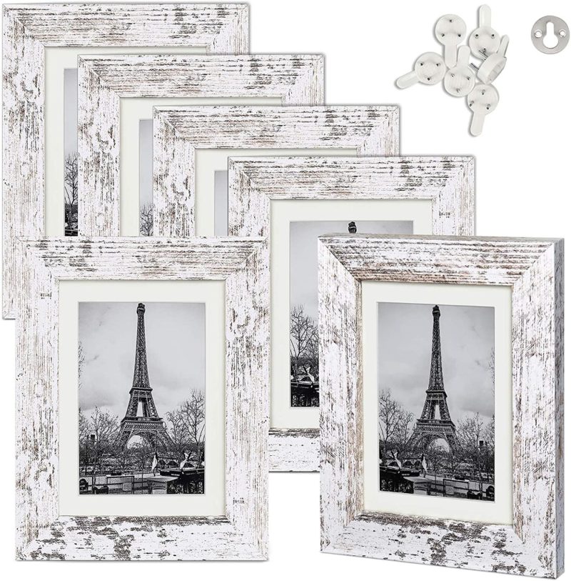 Wall Décor |  Upsimples 5X7 Picture Frame Distressed White With Real Glass,Display Pictures 4X6 With Mat Or 5X7 Without Mat,Multi Photo Frames Collage For Wall Or Tabletop Display,Set Of 6 Home Décor Distressed White