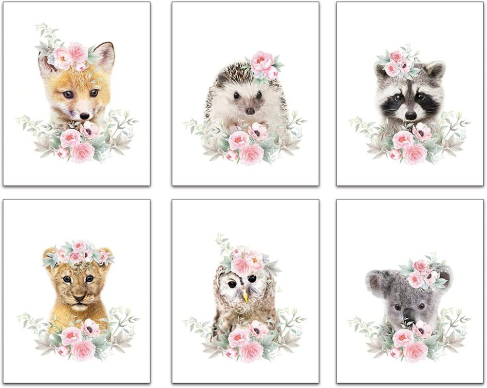 Wall Décor |  Woodland Animals Flower Art Print Flowers Crown Nursery Quotes Art Prints Art Set Of 6(8X10 Canvas Picture) Kids Baby Girl Room Wall Decor Poster For Kids Bedroom Home Decor Unframed Home Decor & Cleaning Hty