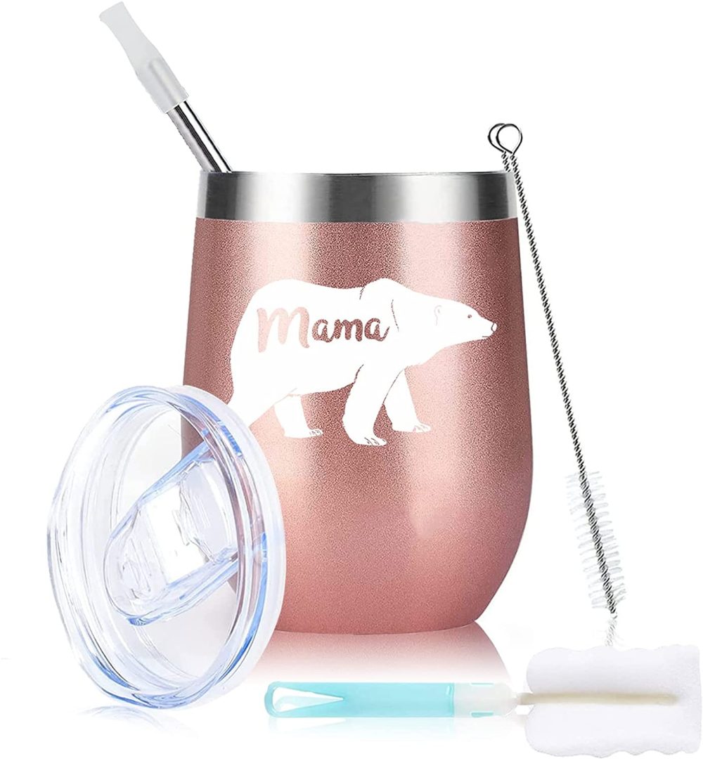 Wine Accessories |  12 Oz Stainless Steel Wine Tumbler, Polar Bear Mama, Vacuum Insulated Wine Tumbler With Straw And Lid, Gift For Wife Anniversary Mother Day Bar Tools & Drinkware Bar Tools & Drinkware