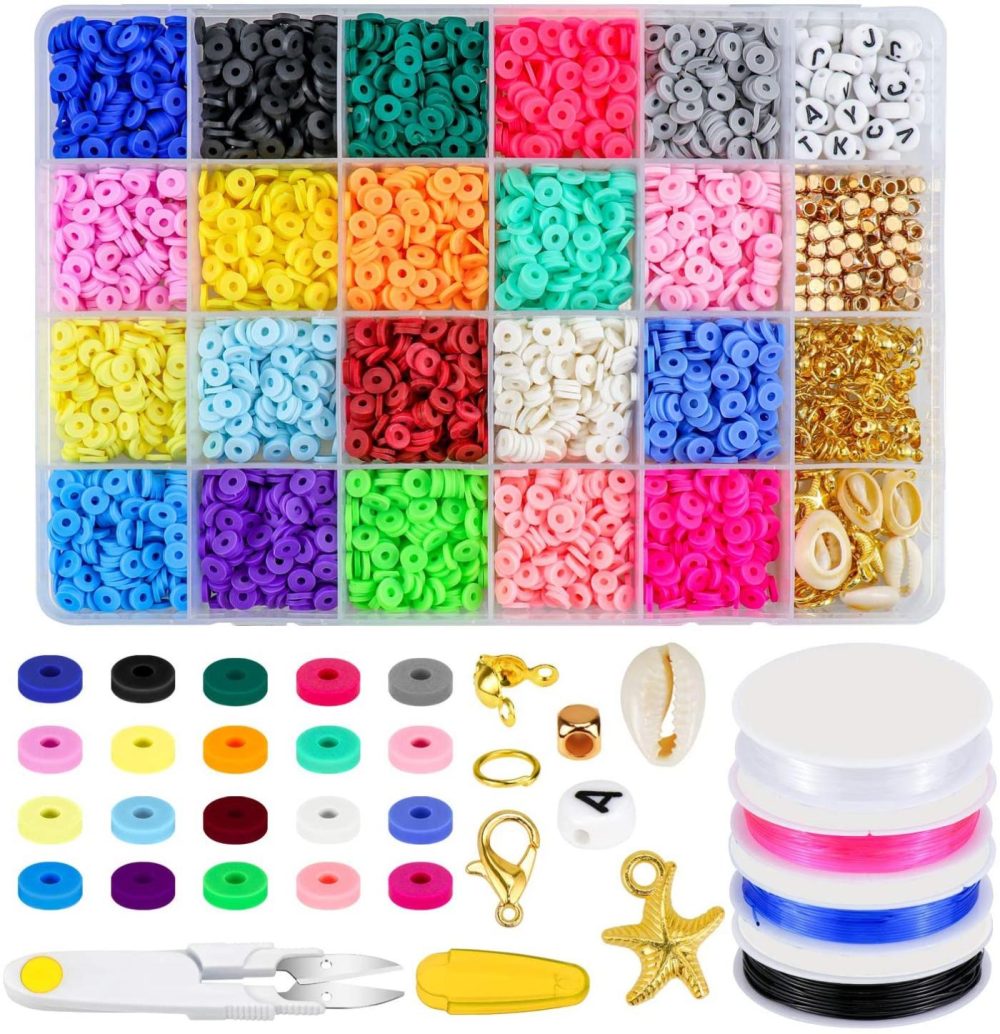 Beading & Jewelry Making |  Zoyomax 4000 Pcs Clay Beads 6Mm 20 Colors Flat Round Polymer Clay Spacer Beads With Pendant Charms Kit And 4 Roll Elastic Strings Arts, Crafts & Sewing Beading & Jewelry Making