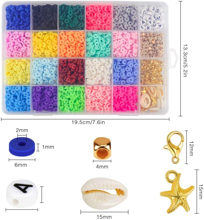 Beading & Jewelry Making |  Zoyomax 4000 Pcs Clay Beads 6Mm 20 Colors Flat Round Polymer Clay Spacer Beads With Pendant Charms Kit And 4 Roll Elastic Strings Arts, Crafts & Sewing Beading & Jewelry Making