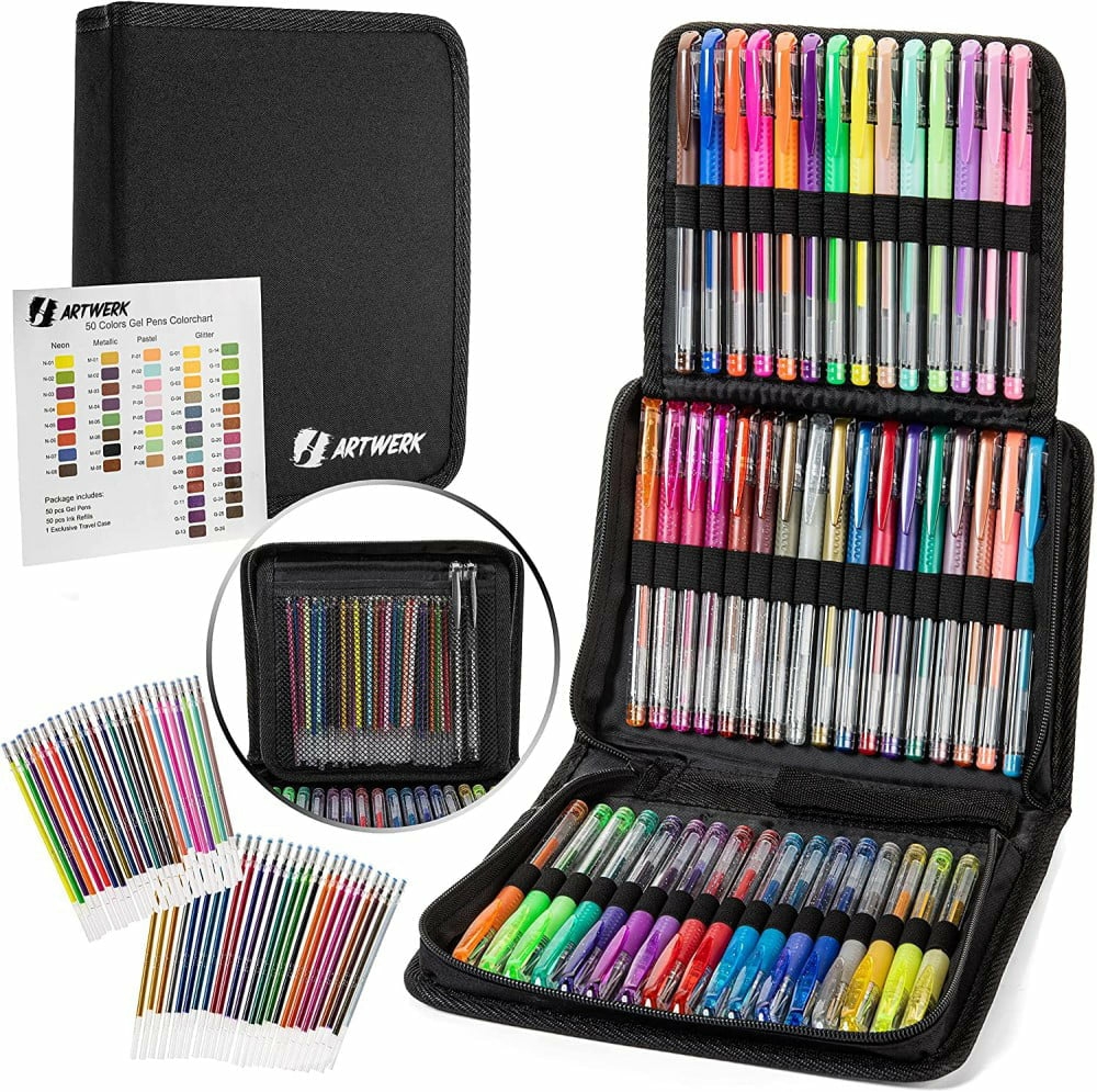 Painting, Drawing & Art Supplies |  100 Pack Glitter Gel Pens For Adult Coloring With Silk Travel Case Arts, Crafts & Sewing Art Werk