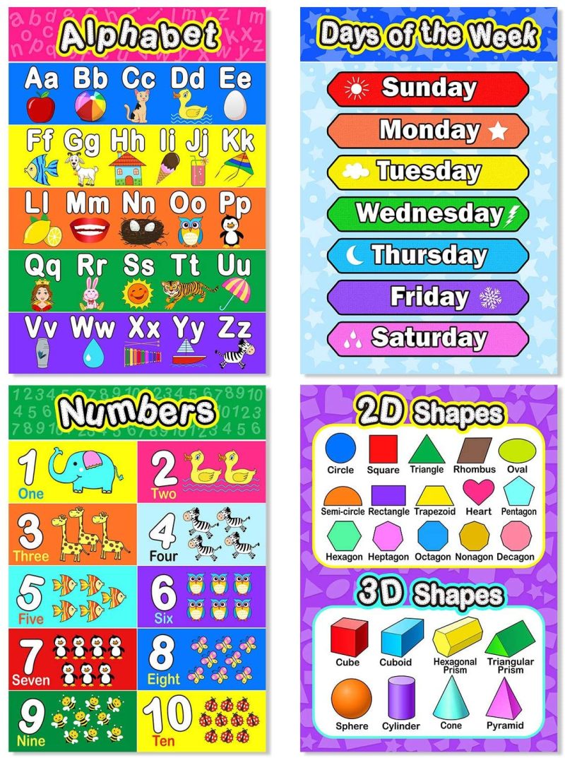 Education & Crafts |  8 Educational Preschool Posters For Toddler And Kid Learning With 60 Glue Point Dot For Nursery Preschool Homeschool Kindergarten Classroom – Teach Numbers Alphabet Colors Months And More 16 X 11 Inch Education & Crafts Blulu