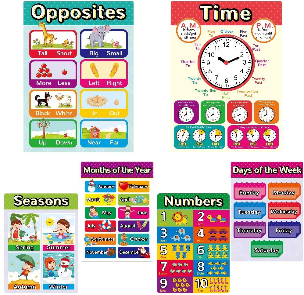 Education & Crafts |  Educational Charts & Posters For Toddler Learning ,Home Schooling Materials Pre-K,Preschool Homeschool Supplies,Classroom Posters Elementary-Teach Days Of The Week+Moths Of The Year+Numbers+Seasons+Opposites+Time (6 Pieces, English Style) Education & Crafts Education & Crafts