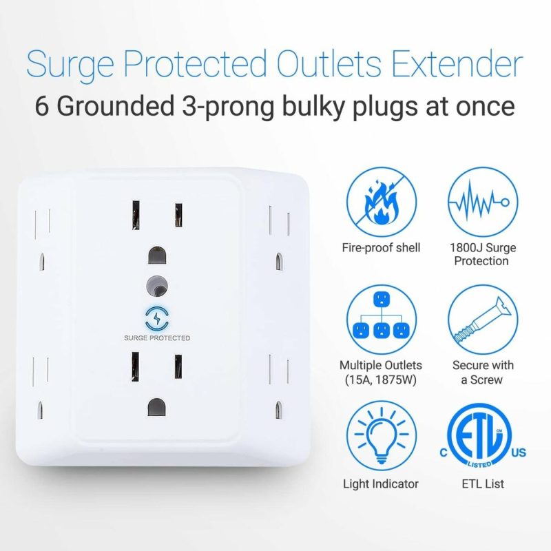 Education & Crafts |  Multi Plug 6 Outlet Extender, 2 Pack Surge Protector Wall Splitter, 1800J Power Strip 3 Side Wide Spaced Adapter Multiple Charger Expander, Mountable Wall Tap For Office Home Travel Etl Listed Education & Crafts Education & Crafts