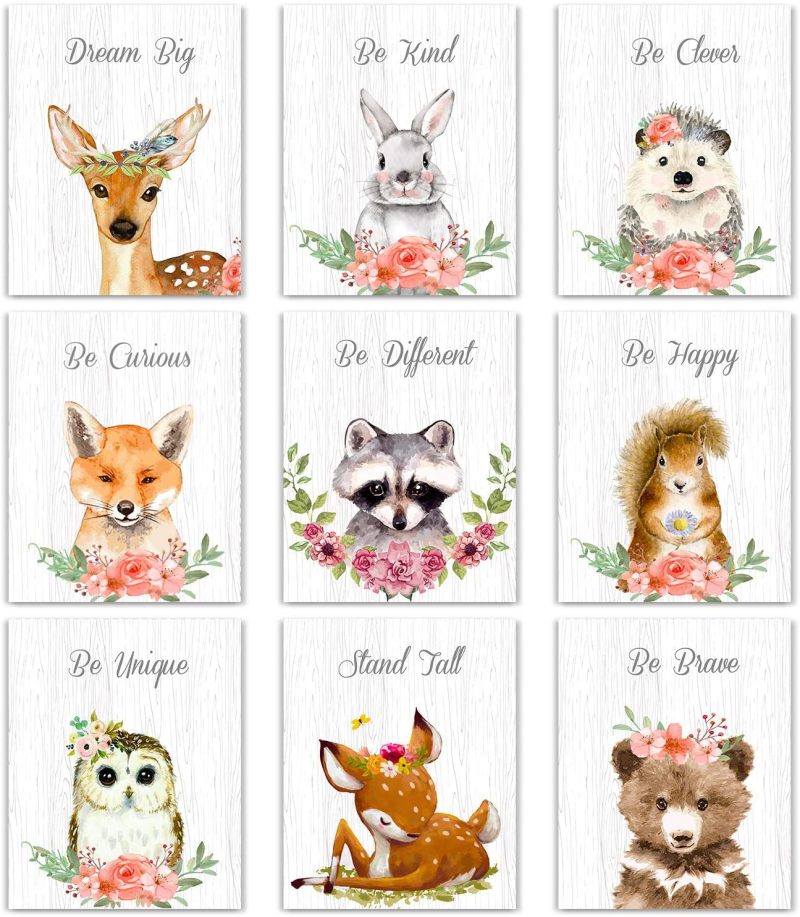 Wall Décor |  9 Pieces Woodland Nursery Wall Art Prints Cute Woodland Floral Crown Animals Motivational Posters Pictures Wall Decor For Baby Kids Room Home Decorations (Unframed, 8 X 10 Inch) Home Decor & Cleaning Outus