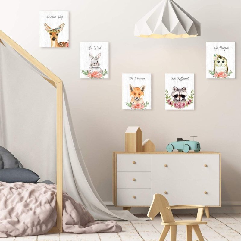 Wall Décor |  9 Pieces Woodland Nursery Wall Art Prints Cute Woodland Floral Crown Animals Motivational Posters Pictures Wall Decor For Baby Kids Room Home Decorations (Unframed, 8 X 10 Inch) Home Decor & Cleaning Outus