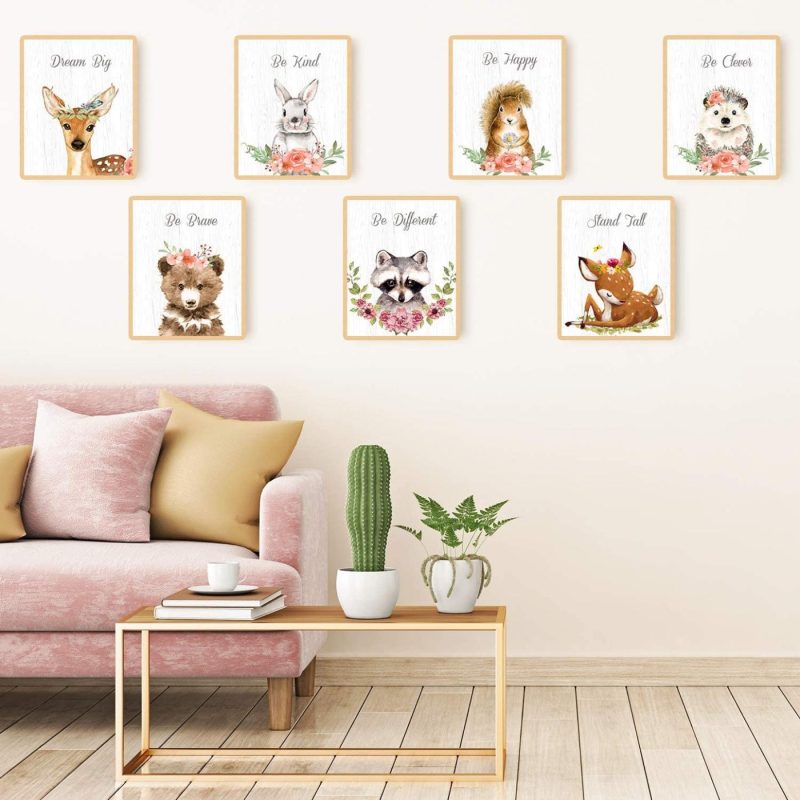 Wall Décor |  9 Pieces Woodland Nursery Wall Art Prints Cute Woodland Floral Crown Animals Motivational Posters Pictures Wall Decor For Baby Kids Room Home Decorations (Unframed, 8 X 10 Inch) Home Decor & Cleaning Outus