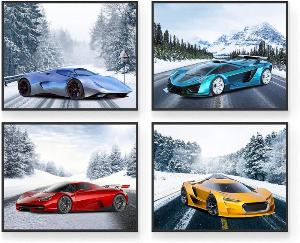 Wall Décor |  Snow Car Poster, Car Pictures Wall Art – Set Of 4 (8X10In) Car Wall Art For Boys Bedroom – Car Room Decor, Teen Room Decor Boy – Unframed Posters For Wall Art For Teenage Boy Bedroom Home Decor & Cleaning Insire