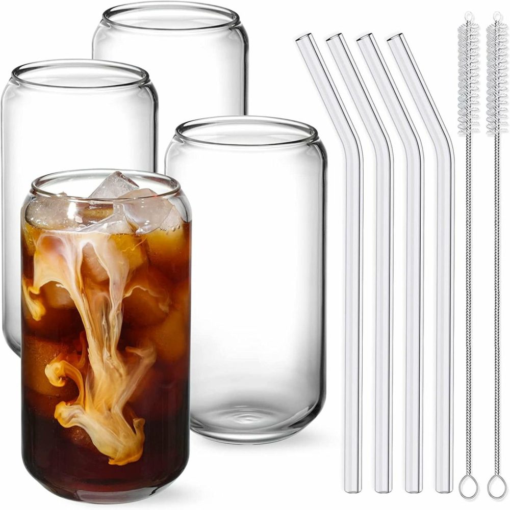 Glassware & Drinkware |  Drinking Glasses With Glass Straw 4Pcs Set – 16Oz Can Shaped Glass Cups, Beer Glasses, Iced Coffee Glasses, Cute Tumbler Cup, Ideal For Whiskey, Soda, Tea, Water, Gift – 2 Cleaning Brushes Dining & Entertaining Bar Tools & Drinkware