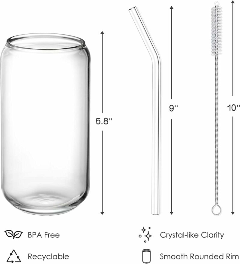 Glassware & Drinkware |  Drinking Glasses With Glass Straw 4Pcs Set – 16Oz Can Shaped Glass Cups, Beer Glasses, Iced Coffee Glasses, Cute Tumbler Cup, Ideal For Whiskey, Soda, Tea, Water, Gift – 2 Cleaning Brushes Dining & Entertaining Bar Tools & Drinkware