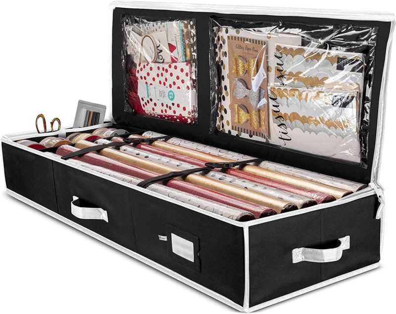 Storage & Organization |  Zober Premium Wrap Organizer, Interior Pockets, Fits 18-24 Standers Rolls, Underbed Storage, Wrapping Paper Storage Box And Holiday Accessories, 40" Long – Tear-Proof Fabric – 5-Year Warranty Home Decor & Cleaning Black & White