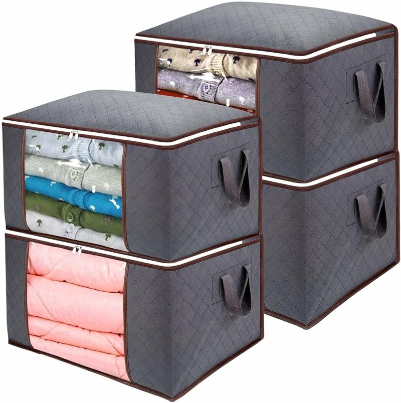 Storage & Organization |  Set Of 4 – Xlarge Capacity Clothes Storage Bags With Clear Window – Reinforced Handle – Foldable With Sturdy Zipper – Thick & Durable Fabric For Comforters Blankets Bedding Pillows Clothing Toys – Easy To Carry 24" X 16" X 14" Gray Home Decor & Cleaning Anyoneer